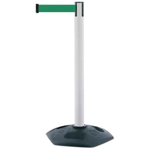 Biały słupek z tworzywa sztucznego TENSATOR® HEAVY DUTY - zielona taśma dł. 2,3 m