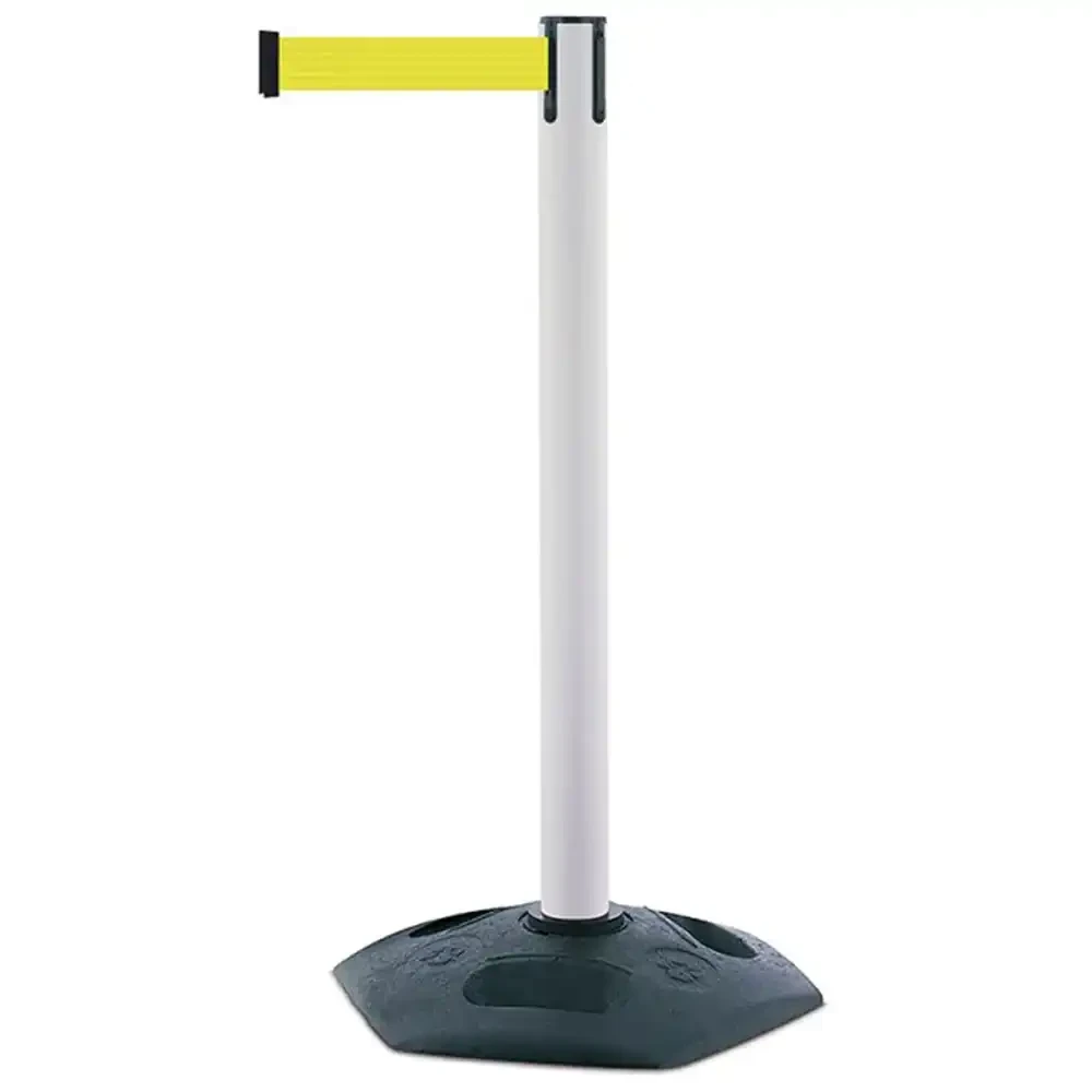 Biały słupek z tworzywa sztucznego TENSATOR® HEAVY DUTY -  żółta taśma taśma dł. 2,3 m - sklep drogowy Widrog.webp
