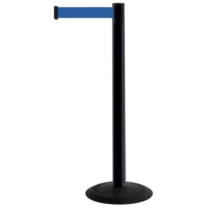 Czarny słupek z tworzywa sztucznego TENSATOR® POPULAR -  niebieska taśma taśma dł. 2,3 m