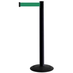 Czarny słupek z tworzywa sztucznego TENSATOR® POPULAR -  zielona taśma taśma dł. 2,3 m