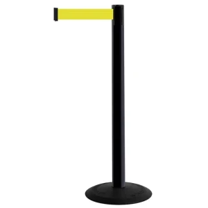 Czarny słupek z tworzywa sztucznego TENSATOR® POPULAR -  żółta taśma dł. 2,3 m