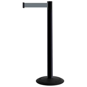 Czarny słupek z tworzywa sztucznego TENSATOR® POPULAR -  szara taśma dł. 3,65 m