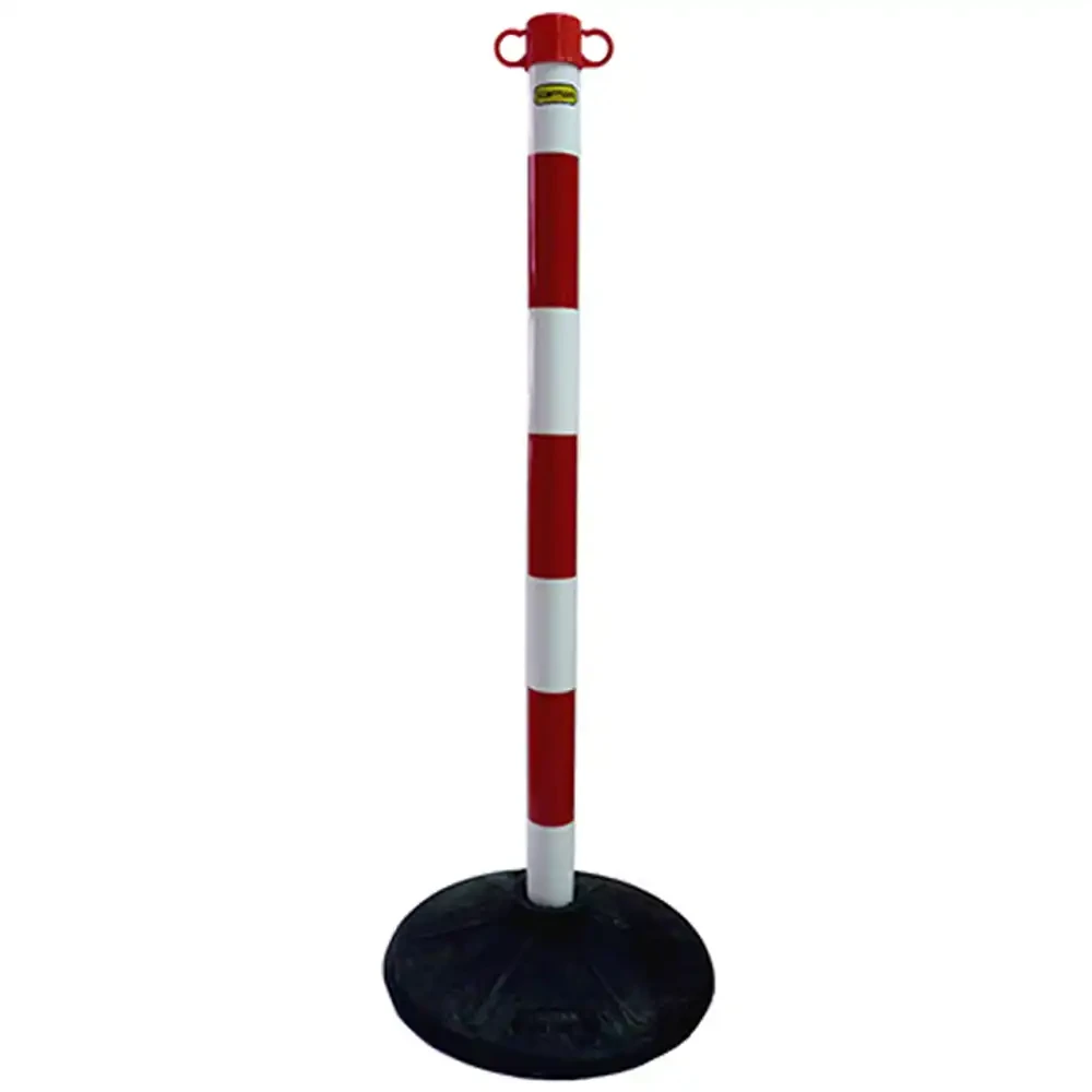 Słupek plastikowy do łańcucha z czarną podstawą, biało-czerwony. Idealny do oznaczania stref i ciągów komunikacyjnych. Wysokość 90 cm. Wykonany z trwałego tworzywa sztucznego.