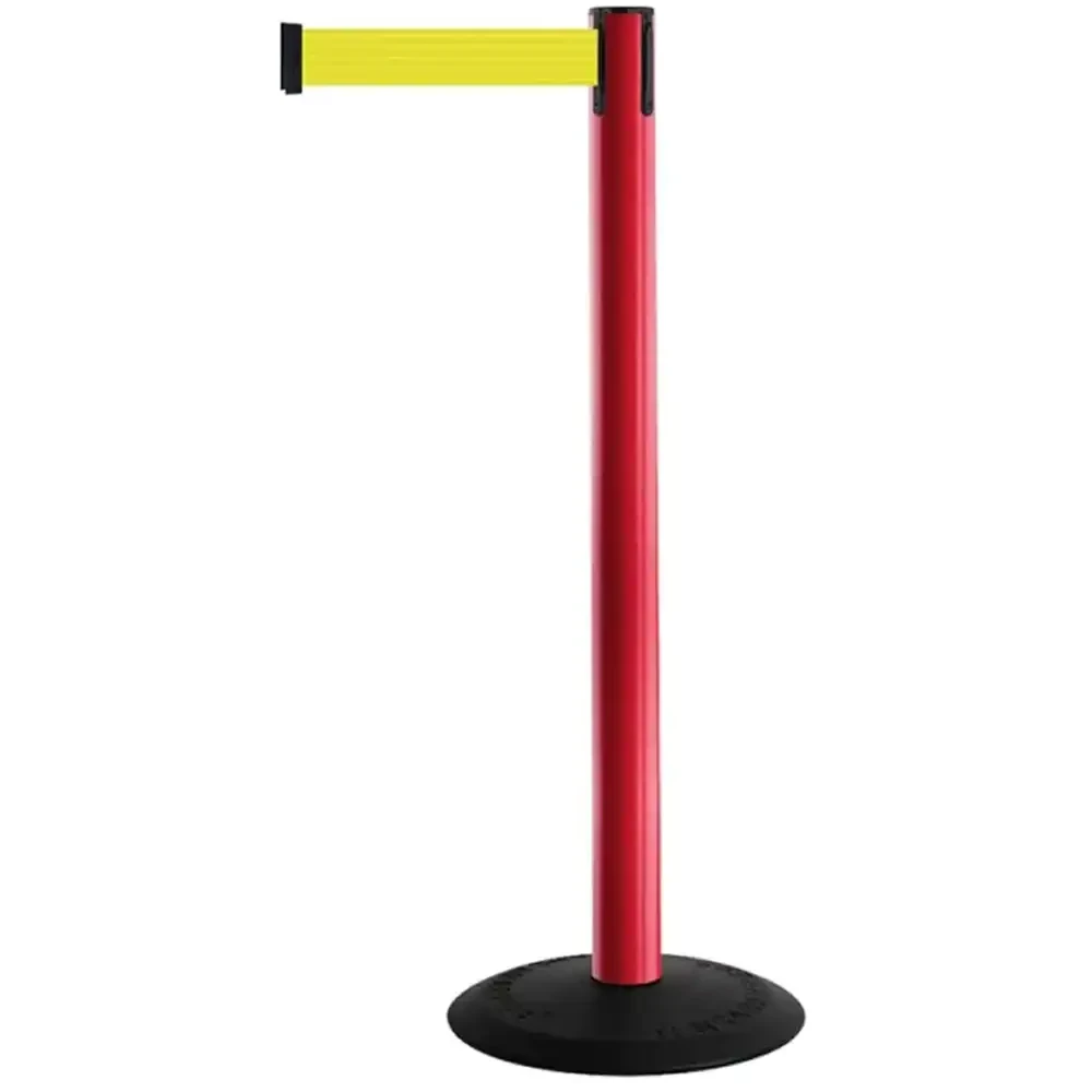 Czerwony słupek z tworzywa sztucznego TENSATOR® POPULAR -  żółta taśma dł. 2,3 m - sklep drogowy Widrog.webp