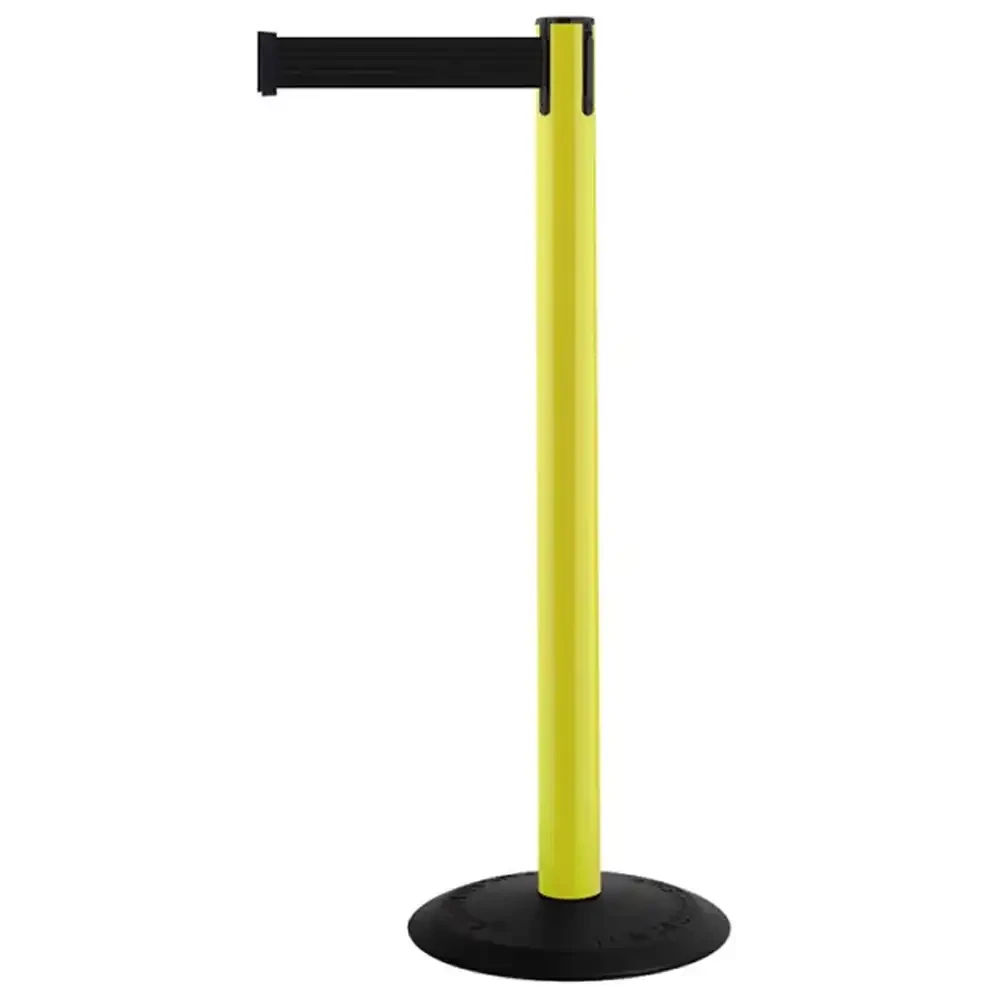 Żółty słupek z tworzywa sztucznego TENSATOR® POPULAR -  czarna taśma dł. 2,3 m - sklep drogowy Widrog.webp