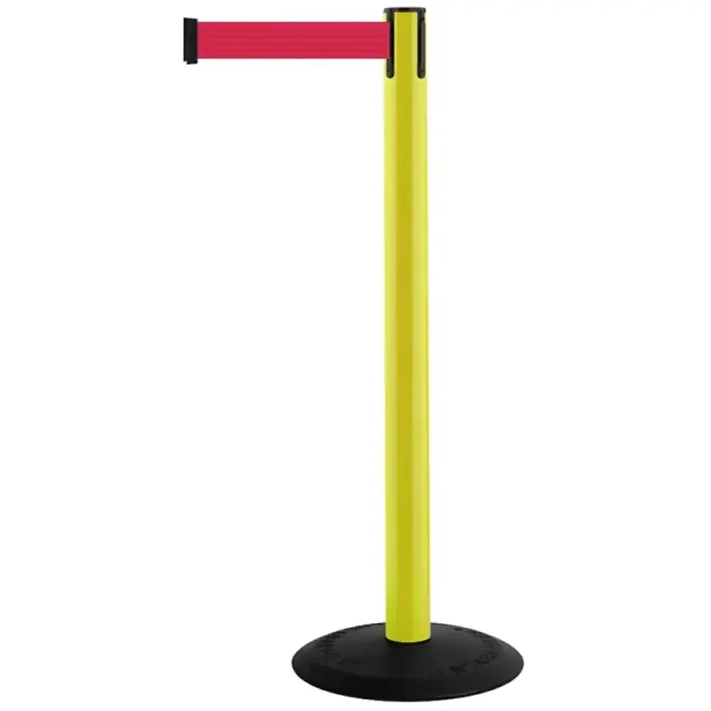 Żółty słupek z tworzywa sztucznego TENSATOR® POPULAR -  czerwona taśma dł. 2,3 m - sklep drogowy Widrog.webp