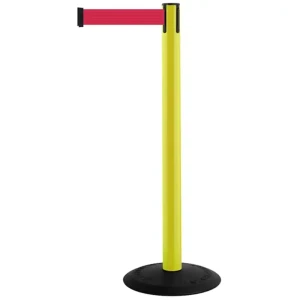 Żółty słupek z tworzywa sztucznego TENSATOR® POPULAR -  czerwona taśma dł. 2,3 m
