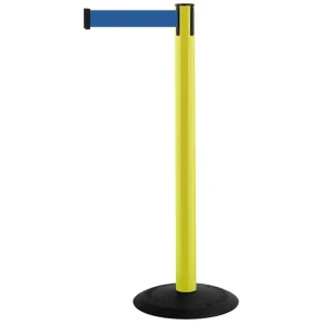 Żółty słupek z tworzywa sztucznego TENSATOR® POPULAR -  niebieska taśma dł. 3,65 m