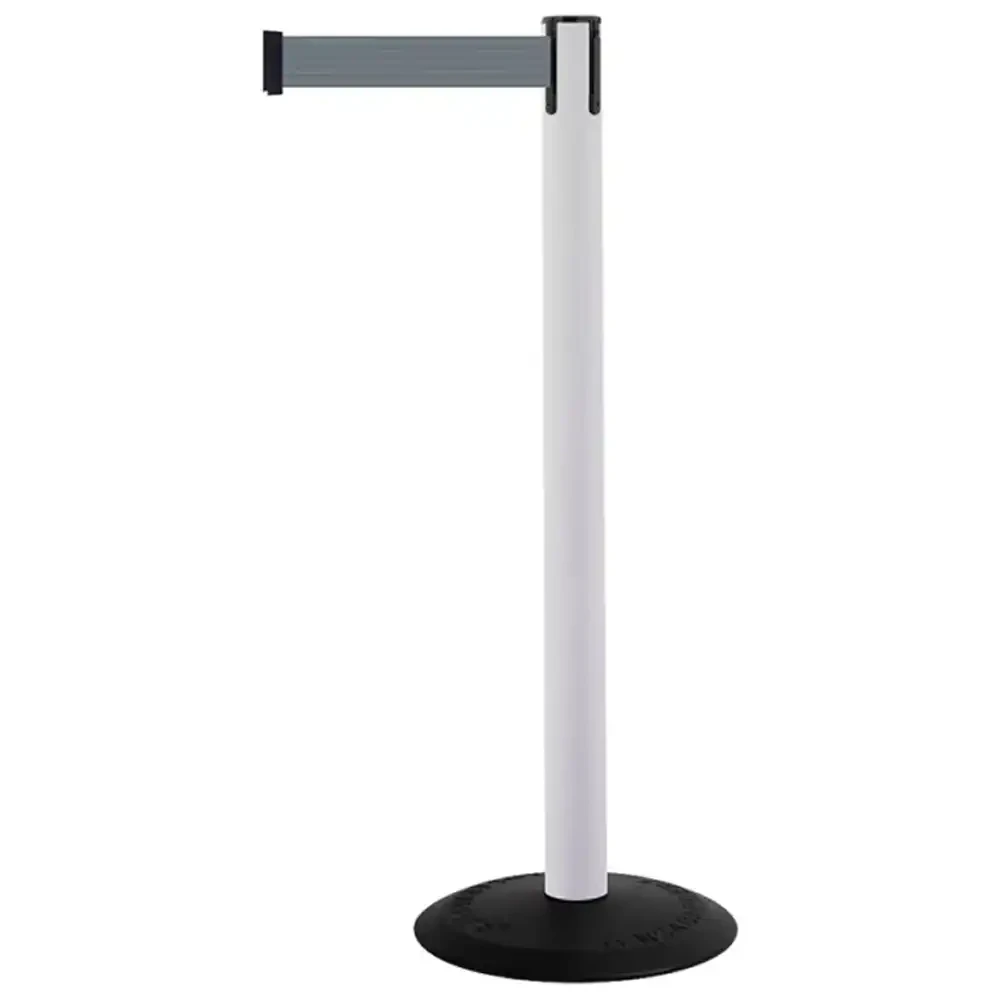 Biały słupek z tworzywa sztucznego TENSATOR® POPULAR -  szara taśma dł. 2,3 m - sklep drogowy Widrog.webp