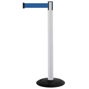 Biały słupek z tworzywa sztucznego TENSATOR® POPULAR - niebieska taśma dł. 3,65 m