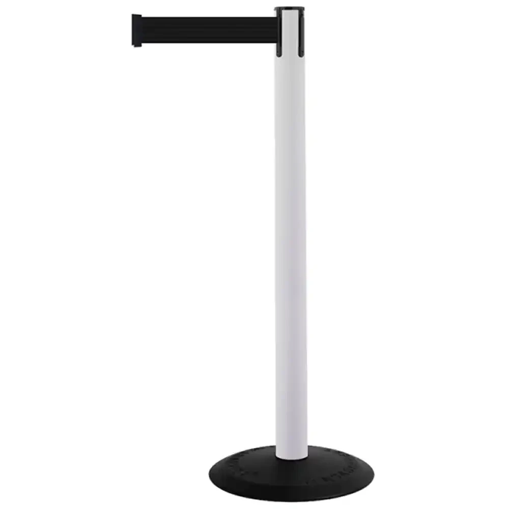 Biały słupek z tworzywa sztucznego TENSATOR® POPULAR -  czarna taśma taśma dł. 3,65 m - sklep drogowy Widrog.webp