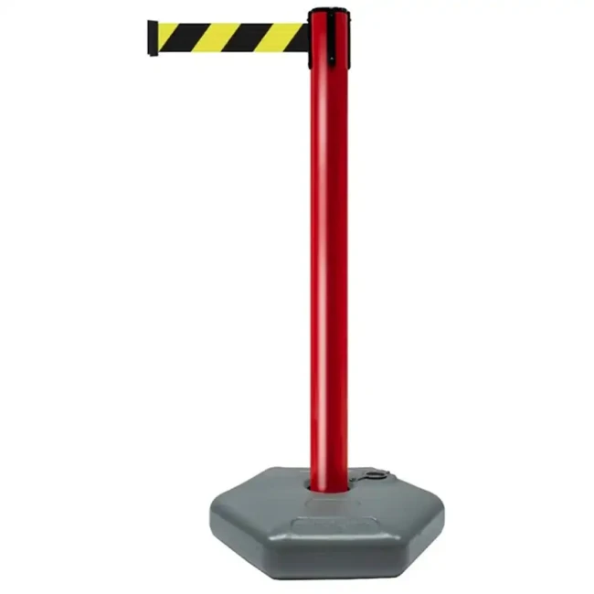 Czerwony słupek z tworzywa sztucznego TENSATOR® OUTDOOR - żółto-czarna taśma - dł. 3,70 m - sklep drogowy Widrog.webp