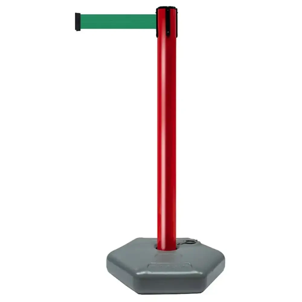 Czerwony słupek z tworzywa sztucznego TENSATOR® OUTDOOR - zielona taśma - dł. 3,70 m - sklep drogowy Widrog.webp