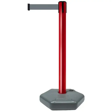 Czerwony słupek z tworzywa sztucznego TENSATOR® OUTDOOR - szara taśma - dł. 3,70 m - sklep drogowy Widrog.webp