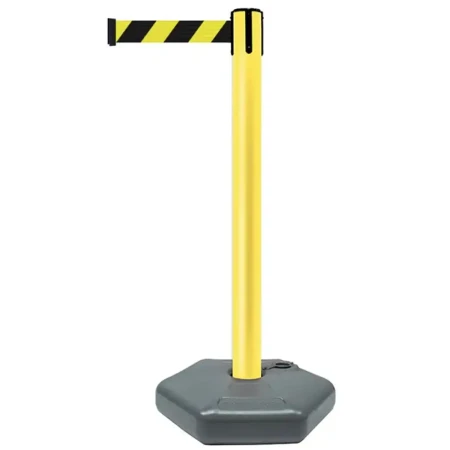 Żółty słupek z tworzywa sztucznego TENSATOR® OUTDOOR - żółto-czarna taśma - dł. 3,70 m - sklep drogowy Widrog.webp