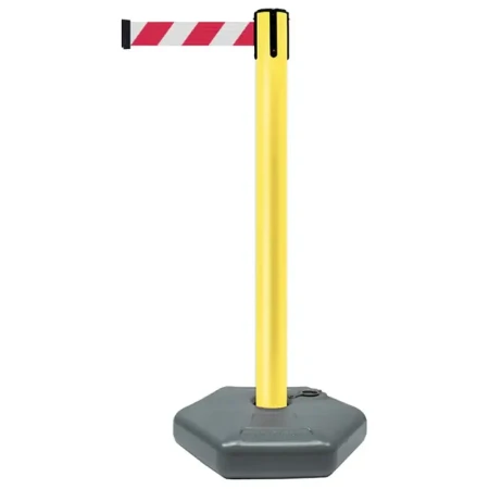 Żółty słupek z tworzywa sztucznego TENSATOR® OUTDOOR - biało-czerwona taśma - dł. 3,70 m - sklep drogowy Widrog.webp
