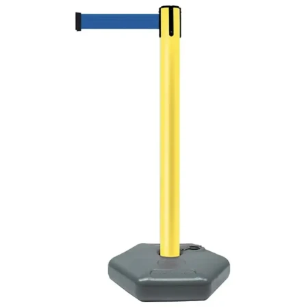 Żółty słupek z tworzywa sztucznego TENSATOR® OUTDOOR - niebieska taśma - dł. 3,70 m - sklep drogowy Widrog.webp