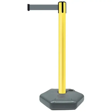 Żółty słupek z tworzywa sztucznego TENSATOR® OUTDOOR - szara taśma - dł. 3,70 m - sklep drogowy Widrog.webp