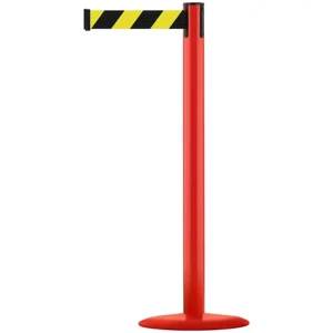 Czerwony słupek stalowy malowany TENSATOR® ADVANCE - żółto-czarna taśma - dł. 2.3 m 