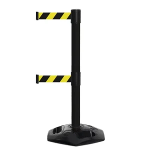 Czarny słupek z tworzywa sztucznego TENSATOR® HEAVY DUTY DUAL LINE - żółto-czarna taśma - dł. 2.3 metra 