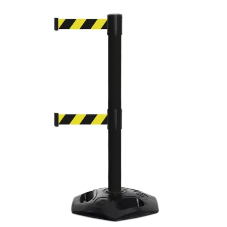 Czarny słupek z tworzywa sztucznego TENSATOR® HEAVY DUTY DUAL LINE - żółto-czarna taśma dł 2.3 metra - sklep drogowy Widrog.webp