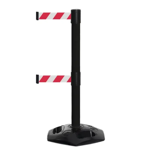 Czarny słupek z tworzywa sztucznego TENSATOR® HEAVY DUTY DUAL LINE - biało-czerwona taśma długość 2.3 metra - sklep drogowy Widrog.webp