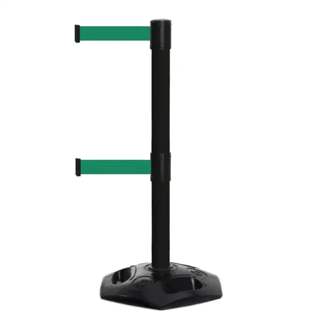 Czarny słupek z tworzywa sztucznego TENSATOR® HEAVY DUTY DUAL LINE - zielona taśma długość 2.3 metra - sklep drogowy Widrog.webp