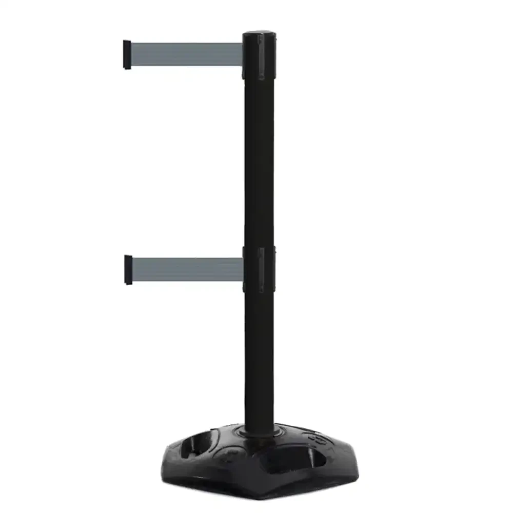 Czarny słupek z tworzywa sztucznego TENSATOR® HEAVY DUTY DUAL LINE - szara taśma długość 2.3 metra - sklep drogowy Widrog.webp