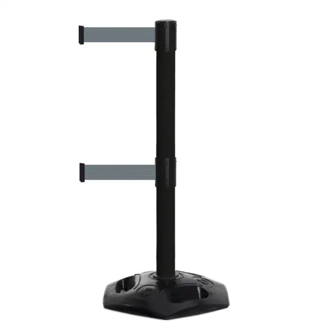 Czarny słupek z tworzywa sztucznego TENSATOR® HEAVY DUTY DUAL LINE - szara taśma długość 2.3 metra - sklep drogowy Widrog.webp