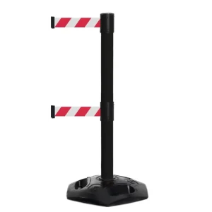 Czarny słupek z tworzywa sztucznego TENSATOR® HEAVY DUTY DUAL LINE - biało-czerwona taśma - dł. 3,65 metra