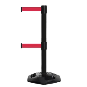 Czarny słupek z tworzywa sztucznego TENSATOR® HEAVY DUTY DUAL LINE - czerwona taśma - dł. 3,65 metra
