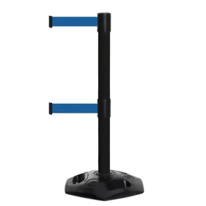 Czarny słupek z tworzywa sztucznego TENSATOR® HEAVY DUTY DUAL LINE - niebieska taśma - dł. 3,65 metra