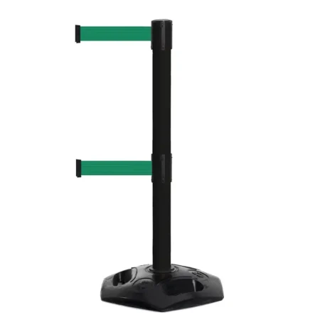 Czarny słupek z tworzywa sztucznego TENSATOR® HEAVY DUTY DUAL LINE - zielona taśma długość 3,65 metra - sklep drogowy Widrog.webp