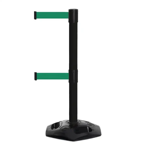 Czarny słupek z tworzywa sztucznego TENSATOR® HEAVY DUTY DUAL LINE - zielona taśma długość 3,65 metra - sklep drogowy Widrog.webp