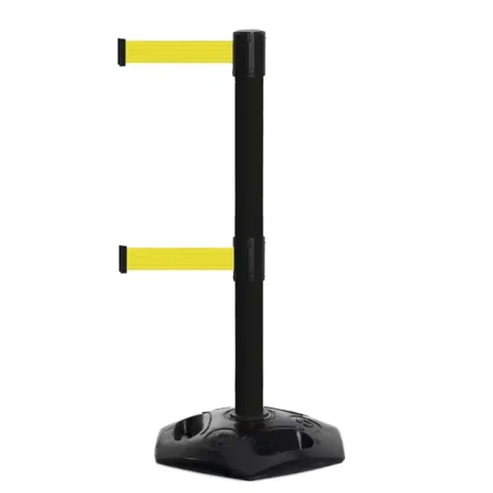Czarny słupek z tworzywa sztucznego TENSATOR® HEAVY DUTY DUAL LINE - żółta taśma długość 3,65 metra - sklep drogowy Widrog.webp