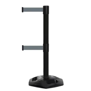 Czarny słupek z tworzywa sztucznego TENSATOR® HEAVY DUTY DUAL LINE - szara taśma - dł. 3,65 metra