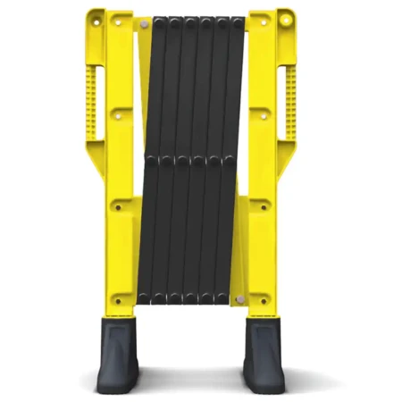 Zapora nożycowa Titan Expander, 3,1 m. Żółta bariera z PVC do odgradzania placów budowy, magazynów i stref awarii. Stabilna, łączona w ciągi