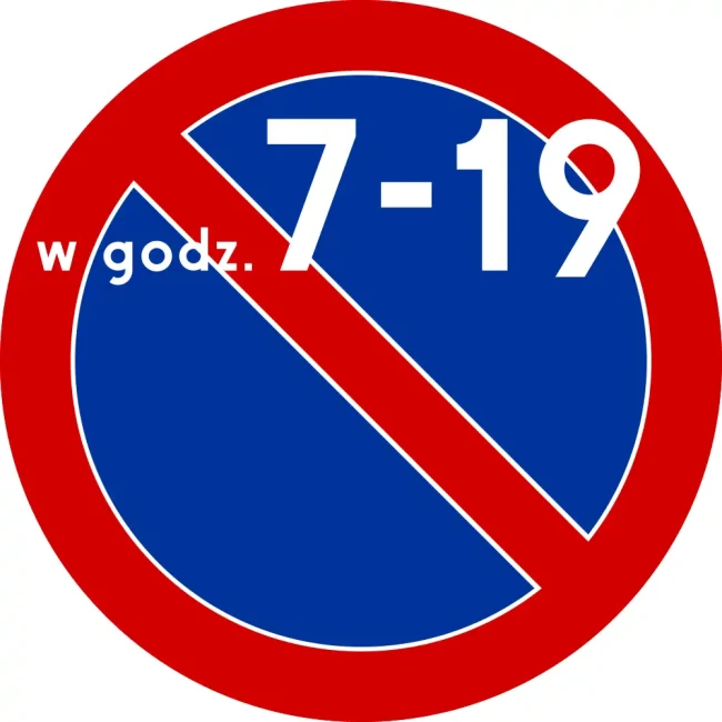 Znak drogowy B-35 - zakaz postoju z informacją o okresie obowiązywania zakazu - folia odblaskowa I generacji - 400 mm - sklep drogowy Widrog.webp