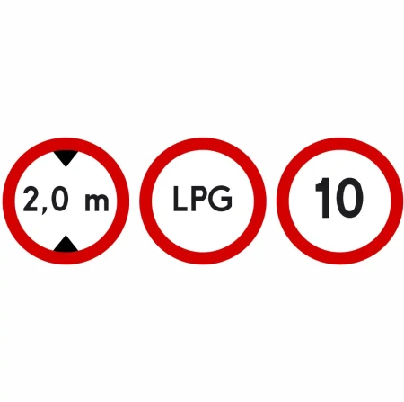 Zestaw trzech znaków garażowych mini 400 mm – B-16 ograniczenie wysokości 2,0 m, zakaz wjazdu pojazdów z LPG i B-33 ograniczenie prędkości do 10 km/h