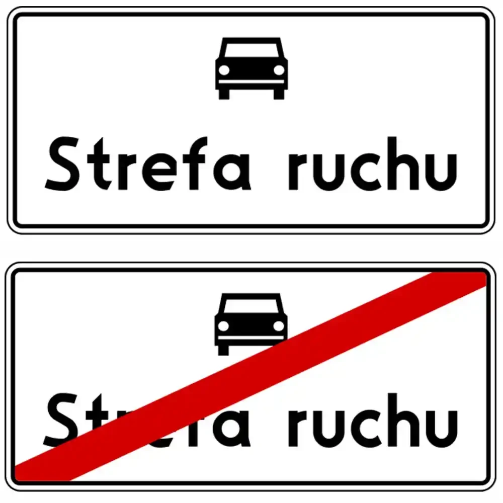 Zestaw znaków D-52 i D-53 - początek-koniec strefy ruchu - folia odblaskowa I generacji - 900x420 mm - sklep drogowy Widrog.webp