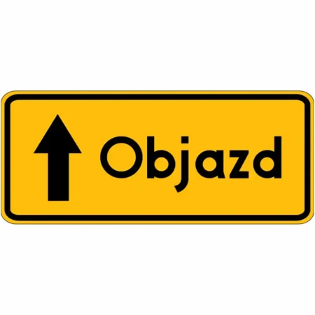 Znak drogowy F-9 - Objazd prosto - 900x350 mm z folią odblaskową I generacji RA1. Wytrzymała blacha ocynkowana 1,25 mm z podwójnie giętymi krawędziami, certyfikat CE. Profesjonalne oznakowanie objazdów i dróg tymczasowych