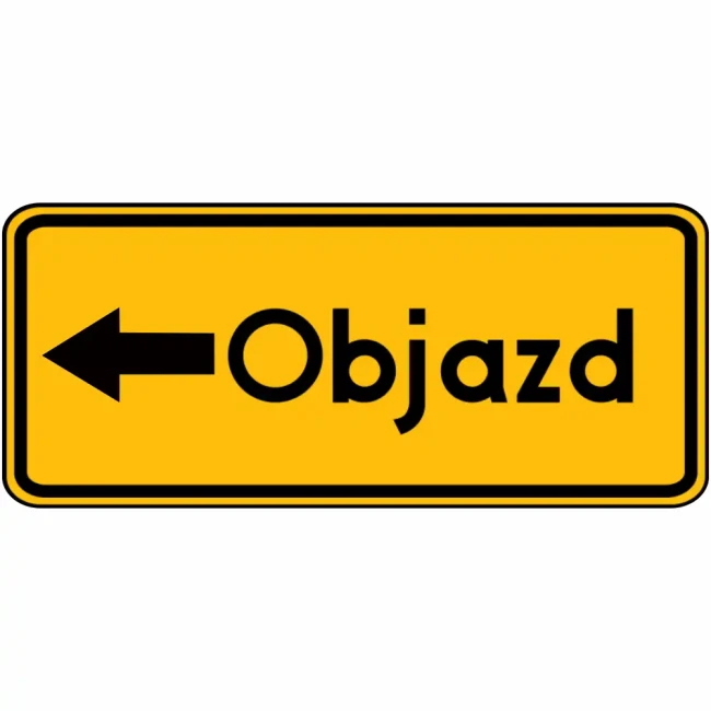 Znak drogowy F-9 - Objazd w lewo - 1200x440 mm z folią odblaskową II generacji. Wytrzymała blacha ocynkowana 1,25 mm z podwójnie giętymi krawędziami, certyfikat CE. Profesjonalne oznakowanie objazdów i dróg tymczasowych