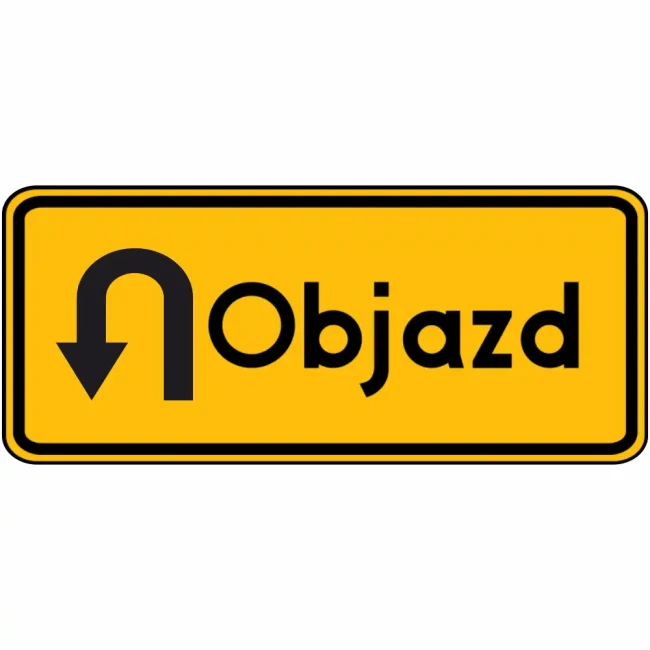 Znak drogowy F-9 - Objazd, zawróć - 600x250 mm z folią odblaskową II generacji. Wytrzymała blacha ocynkowana 1,25 mm z podwójnie giętymi krawędziami, certyfikat CE. Profesjonalne oznakowanie objazdów i dróg tymczasowych