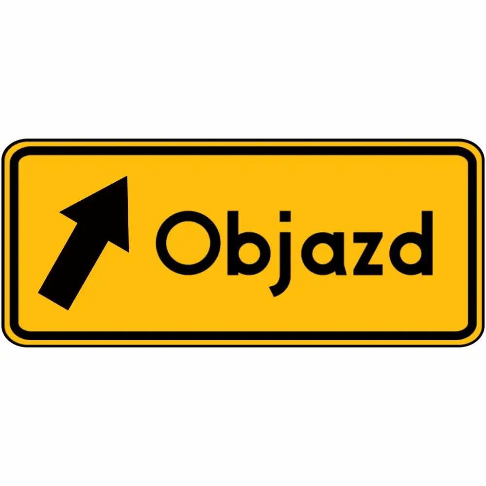 Znak drogowy F-9 - Kierunek Objazdu w Prawo - 600x250 mm z folią odblaskową I generacji RA1. Wytrzymała blacha ocynkowana 1,25 mm z podwójnie giętymi krawędziami, certyfikat CE. Profesjonalne oznakowanie objazdów i dróg tymczasowych