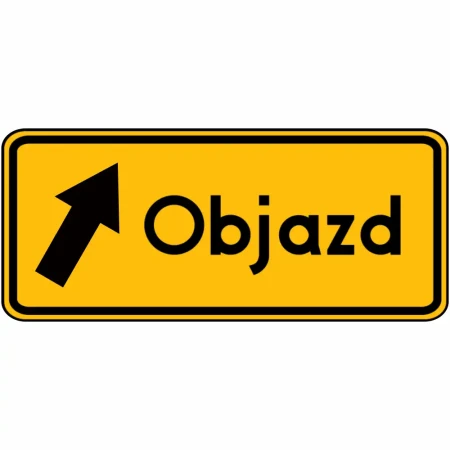 Znak drogowy F-9 - Kierunek Objazdu w Prawo - 600x250 mm z folią odblaskową I generacji RA1. Wytrzymała blacha ocynkowana 1,25 mm z podwójnie giętymi krawędziami, certyfikat CE. Profesjonalne oznakowanie objazdów i dróg tymczasowych
