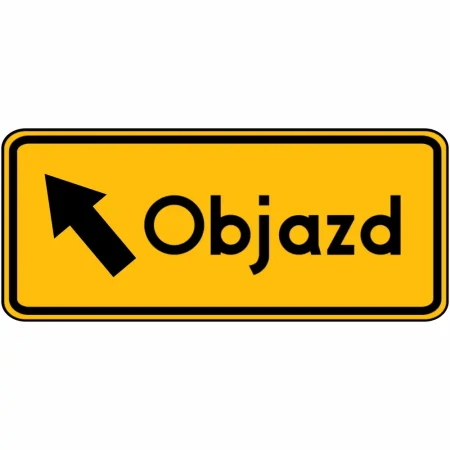 Znak drogowy F-9 - Kierunek Objazdu w Lewo - 900x350 mm z folią odblaskową I generacji RA1. Wytrzymała blacha ocynkowana 1,25 mm z podwójnie giętymi krawędziami, certyfikat CE. Profesjonalne oznakowanie objazdów i dróg tymczasowych