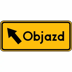 Znak drogowy F-9 - Kierunek Objazdu w Lewo - 1200x440 mm z folią odblaskową I generacji RA1. Wytrzymała blacha ocynkowana 1,25 mm z podwójnie giętymi krawędziami, certyfikat CE. Profesjonalne oznakowanie objazdów i dróg tymczasowych