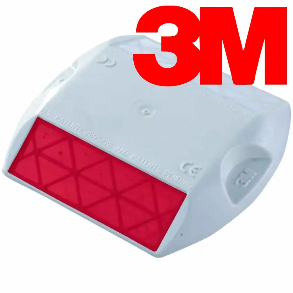 Wysokiej jakości odblaskowy znacznik drogowy (kocie oko) 3M, biały z czerwonymi elementami odblaskowymi. Zapewnia widoczność i bezpieczeństwo na drodze, RPM 290-WR