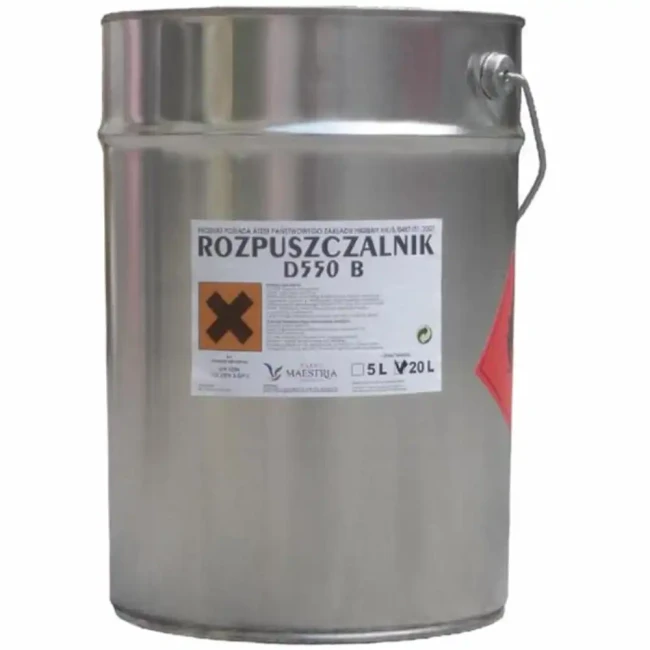 Rozpuszczalnik D550 B - łatwopalny, 5L/20L. Idealny do zastosowań przemysłowych. Wysoka jakość, bezpieczeństwo. Chemia budowlana, rozcieńczalniki, rozpuszczalniki. Kup teraz w naszym sklepie.