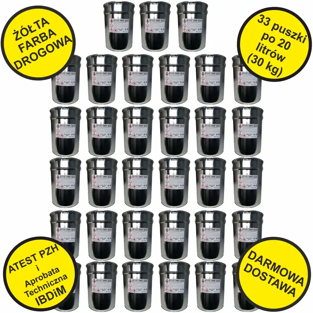 Żółta farba drogowa BANDAX SPRINT – 33 puszki po 20 litrów (30 kg). Wysokiej jakości farba do oznakowania dróg, posiadająca atest PZH i aprobatę techniczną IBDiM. Idealna dla firm budowlanych i drogowych. Darmowa dostawa!
